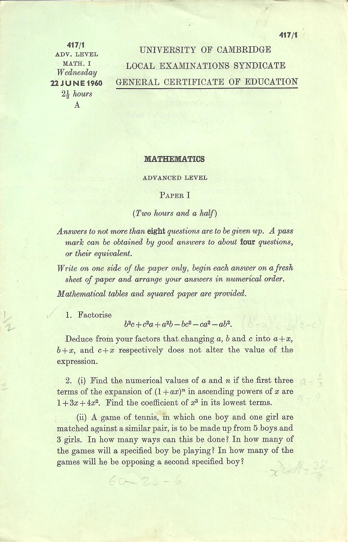 Advanced Level Mathematics Paper I, 22 June 1960